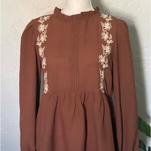 Mine brown mock neck tunic babydoll puffy sleeves elastic wrist cottagecore